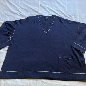 Eileen Fisher 2X Wool Blend Box-top Sweater Navy Blue w/White